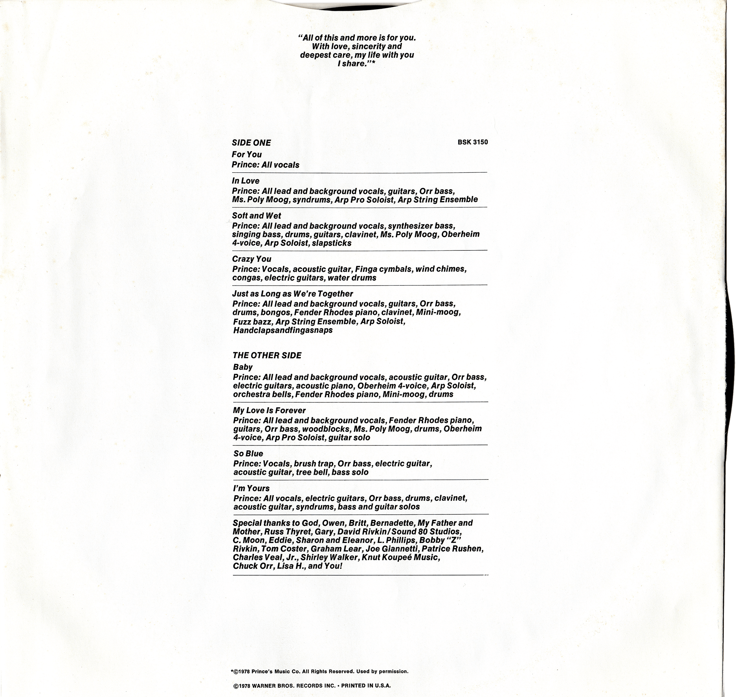 <i>For You</i> inner sleeve with credits, showing Prince’s mastery of instruments at such a young age.